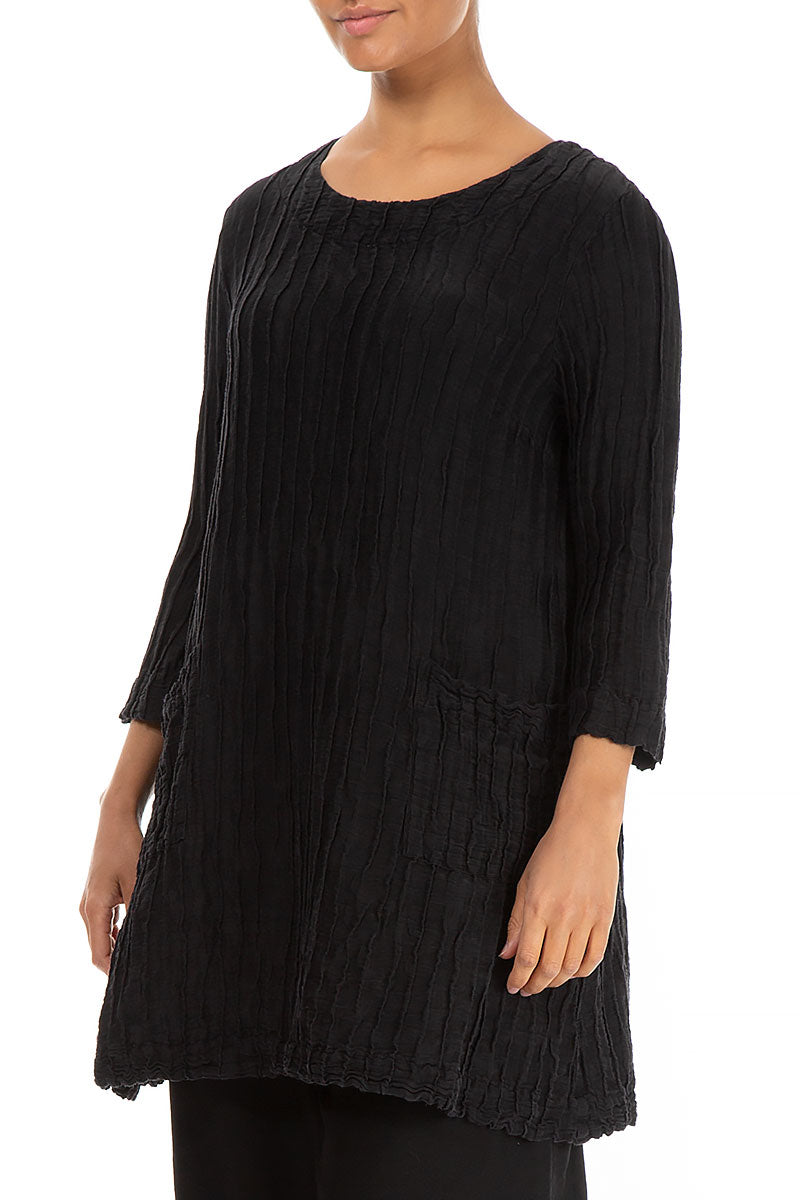 Two Pockets Crinkled Black Silk Linen Tunic 3