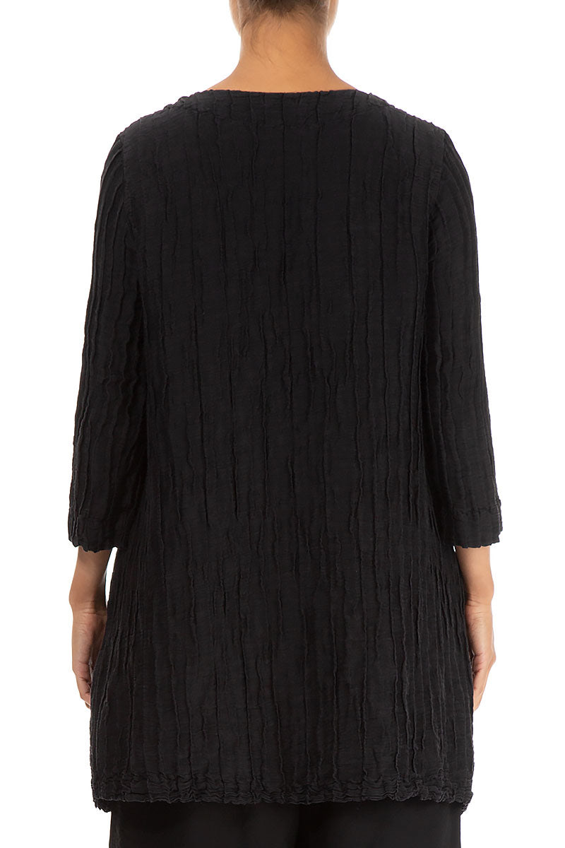 Two Pockets Crinkled Black Silk Linen Tunic 2