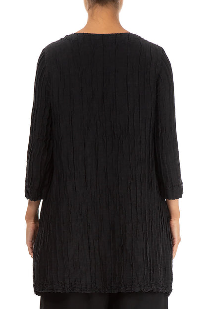 Two Pockets Crinkled Black Silk Linen Tunic 2
