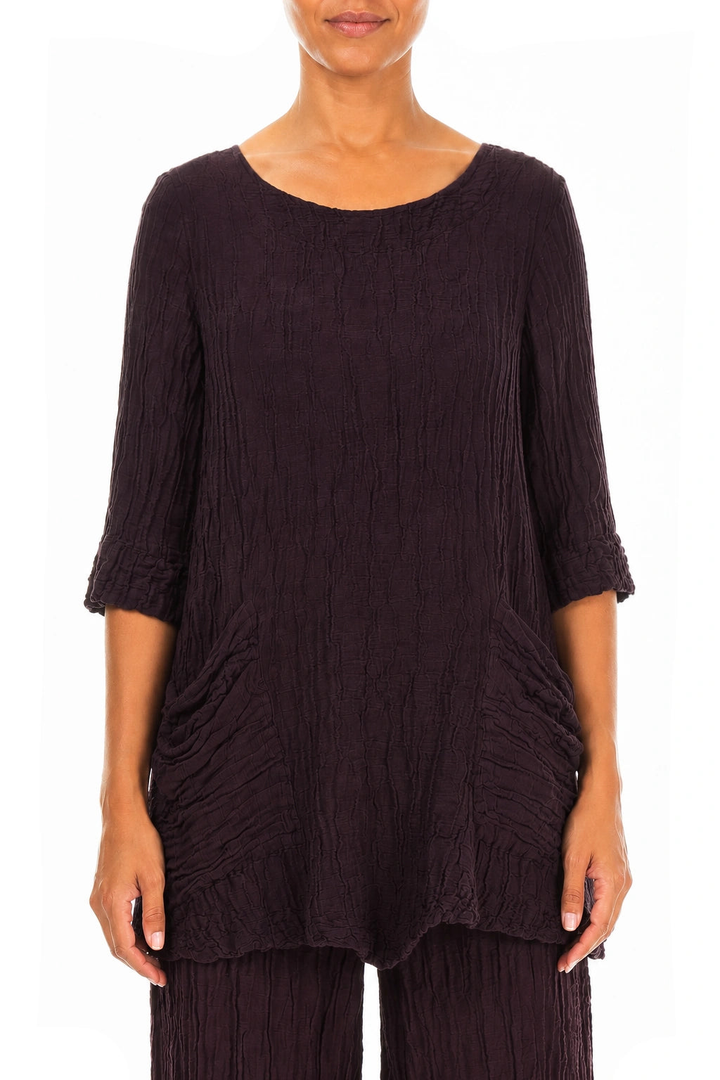 Two Pockets Crinkled Deep Plum Silk Linen Tunic
