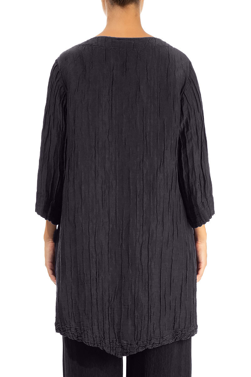 Two Pockets Crinkled Graphite Blue Silk Linen Tunic 2