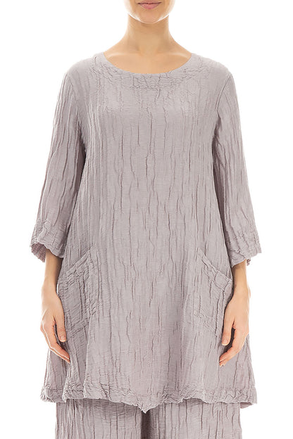 Two Pockets Crinkled Greige Silk Linen Tunic 1