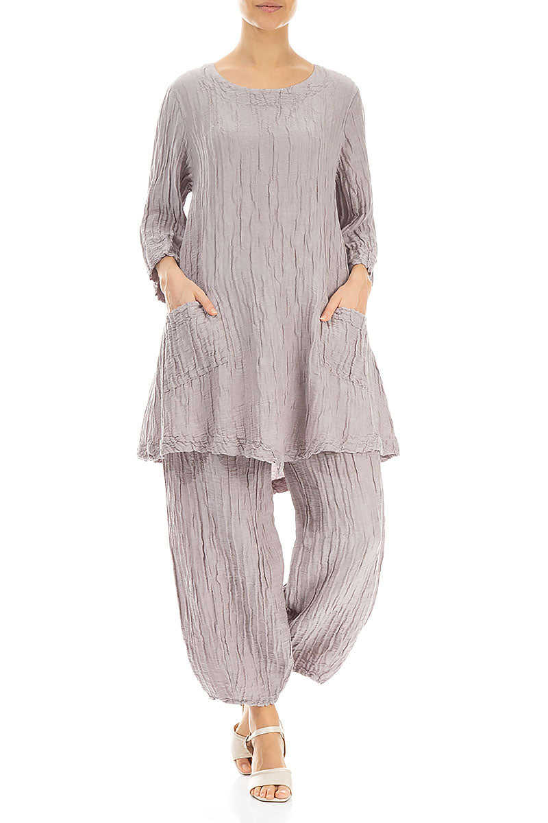 Two Pockets Crinkled Greige Silk Linen Tunic 4