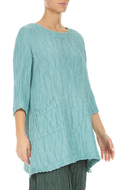 Two Pockets Crinkled Mint Silk Linen Tunic