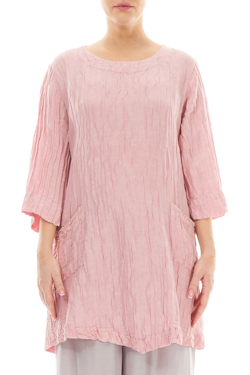 Two Pockets Crinkled Powder Pink Silk Linen Tunic 1