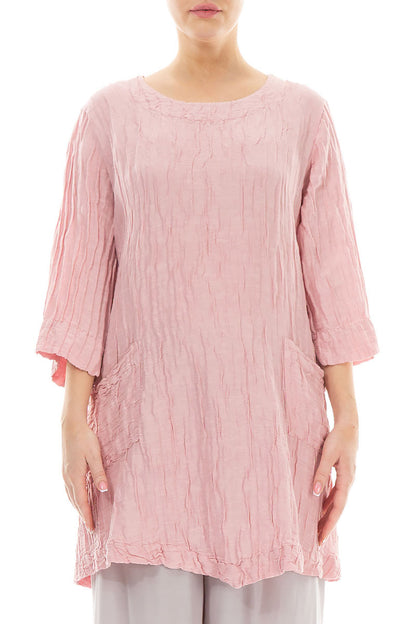 Two Pockets Crinkled Powder Pink Silk Linen Tunic 1