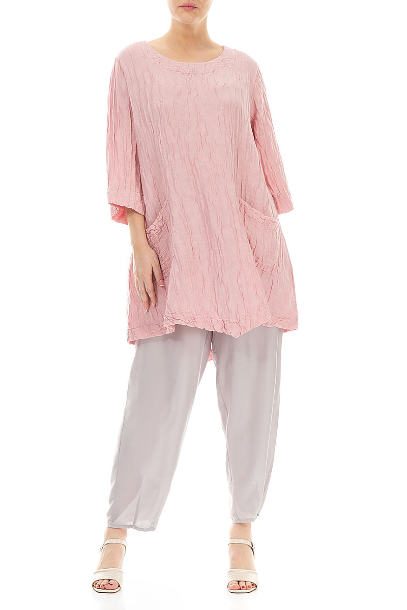 Two Pockets Crinkled Powder Pink Silk Linen Tunic 4