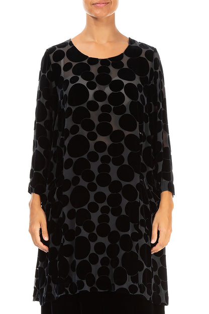 Two Pockets Devoré Bubbles Midnight Blue Silk Velvet Tunic 1