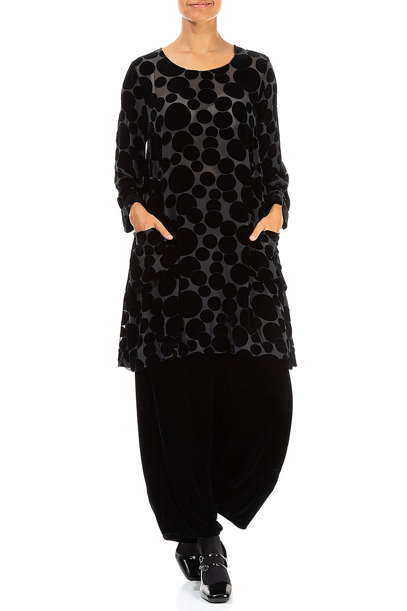 Two Pockets Devoré Bubbles Midnight Blue Silk Velvet Tunic 4