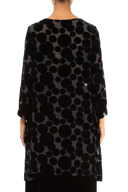 Two Pockets Devoré Bubbles Midnight Blue Silk Velvet Tunic 2