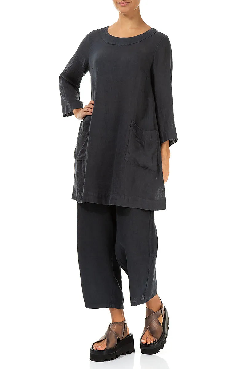 Two Pockets Graphite Gauze Linen Tunic 4