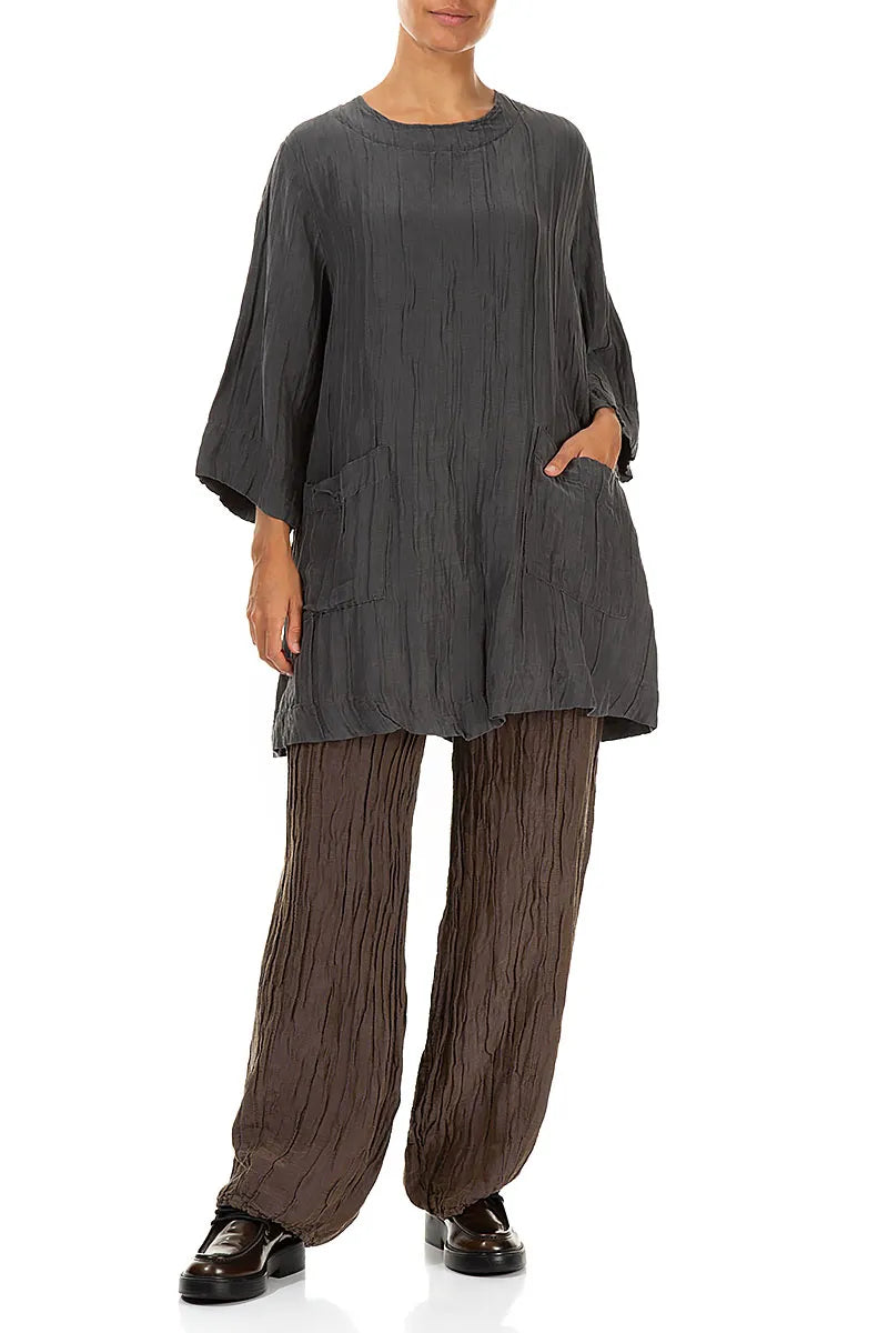 Two Pockets Grey Crinkled Silk Tunic 4