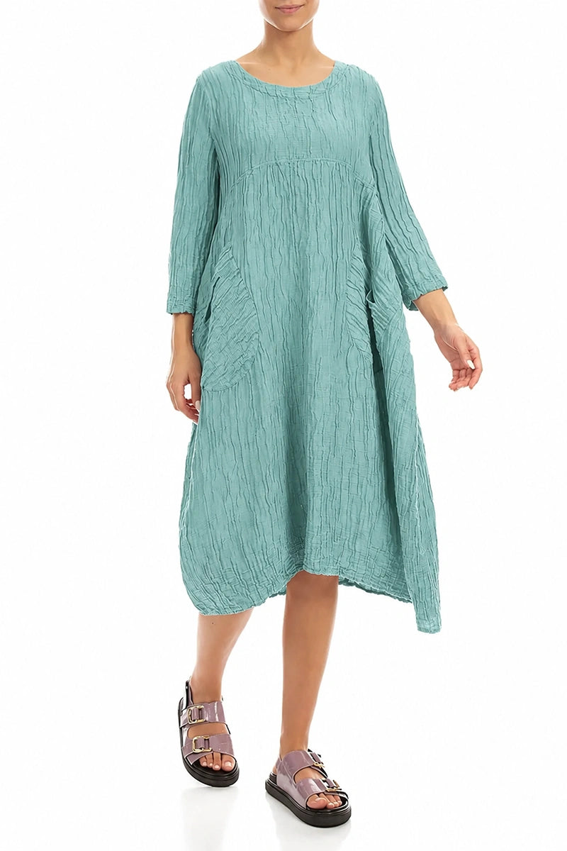 Two Pockets Mint Crinkled Silk Linen Dress