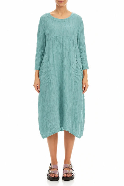 Two Pockets Mint Crinkled Silk Linen Dress