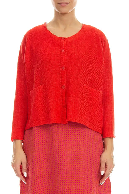 Two Pockets Red Linen Cardigan 1