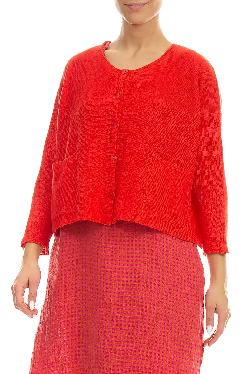 Two Pockets Red Linen Cardigan 3