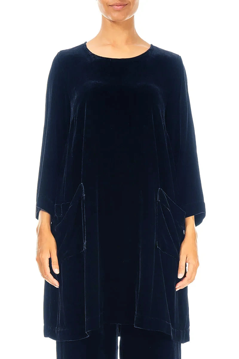 Two Pockets Royal Blue Silk Velvet Tunic
