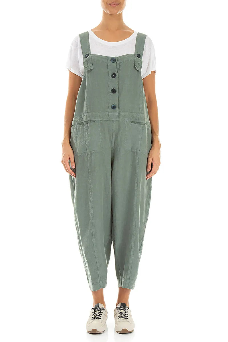 Zwei Taschen Salbei-Leinen-Jumpsuit
