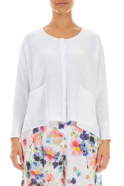 Two Pockets White Linen Cardigan