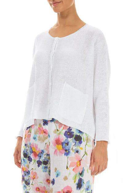 Two Pockets White Linen Cardigan