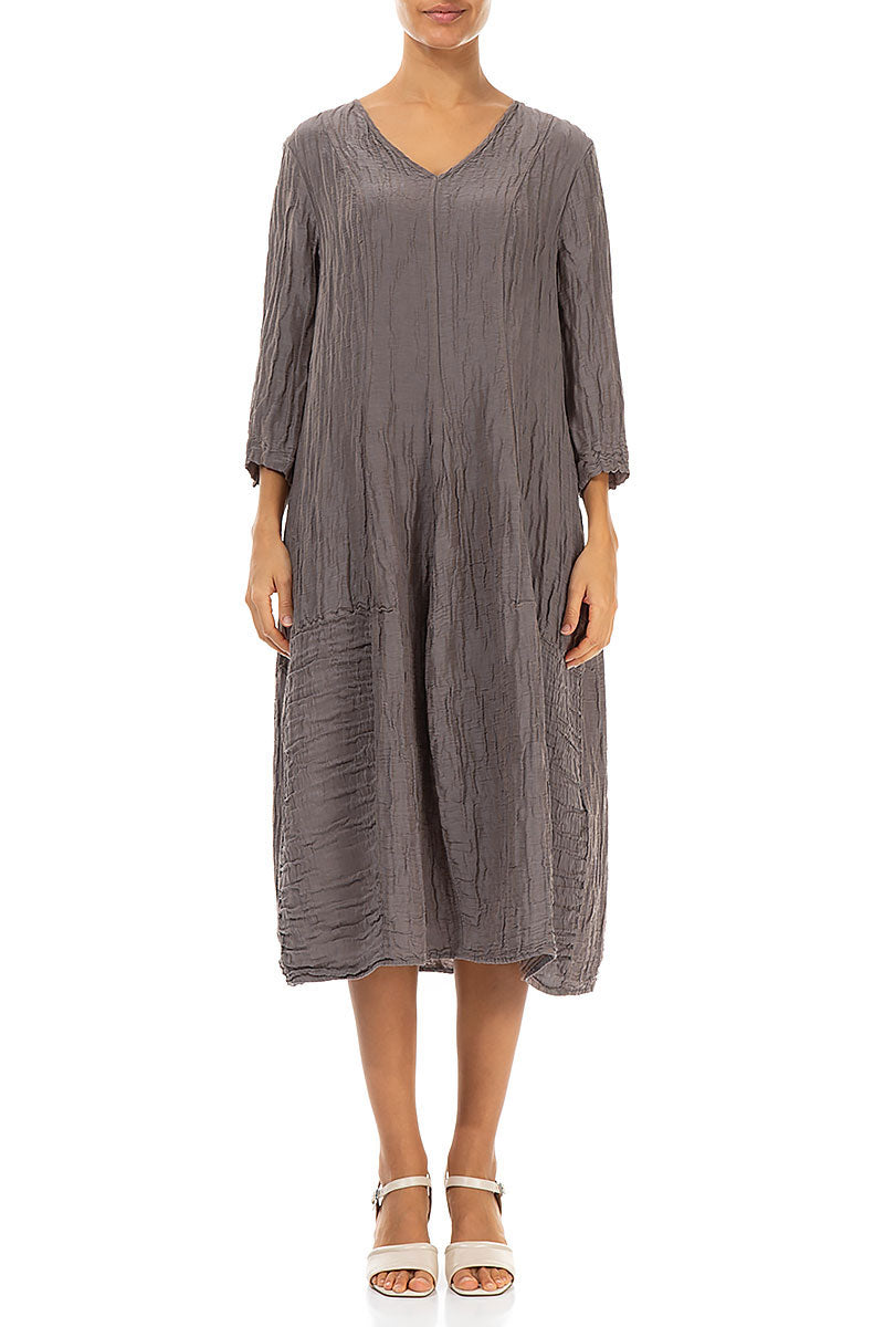V-Neck Crinkled Truffle Silk Linen Dress 1