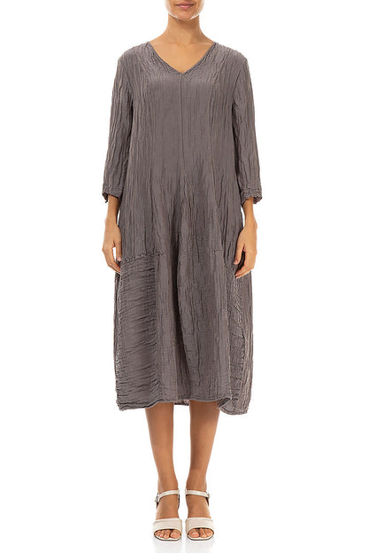 V-Neck Crinkled Truffle Silk Linen Dress 1
