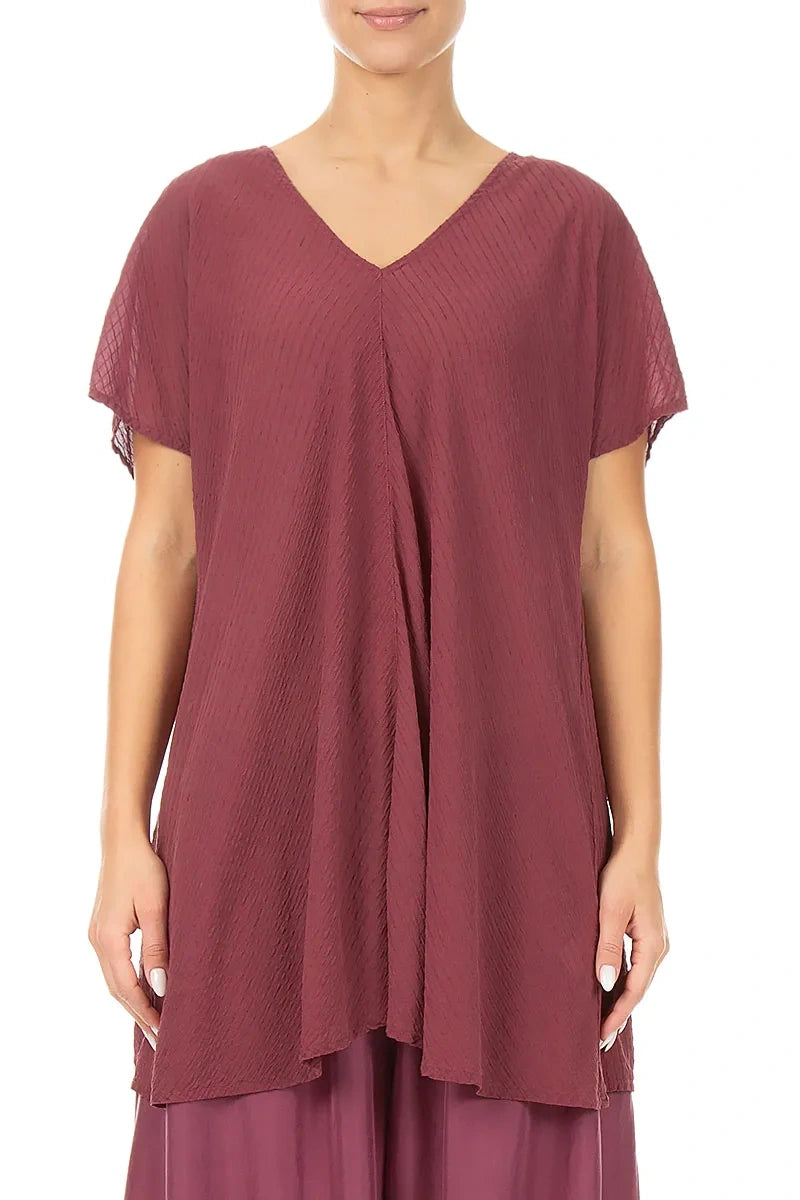 Chemisier en soie et viscose à rayures rubis antique, col en V, style antique