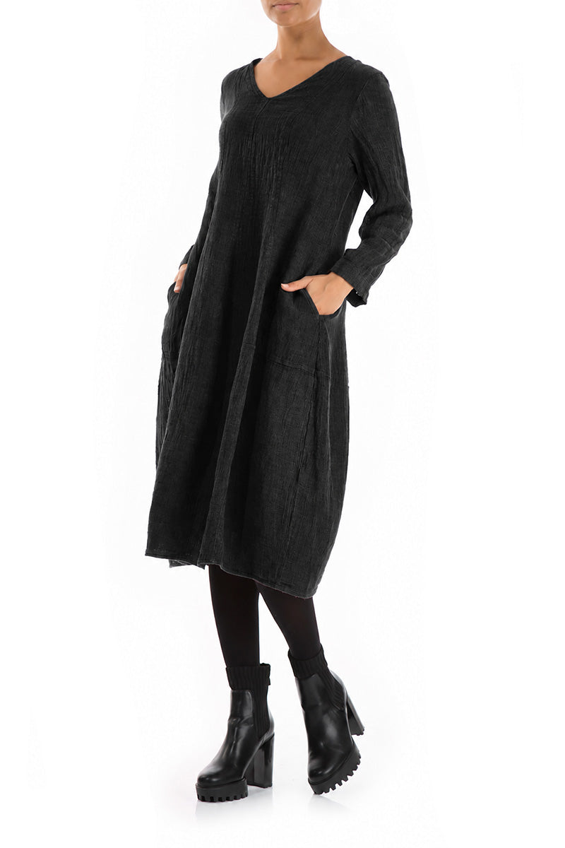 V-Neck Balloon Charcoal Mélange Linen Dress