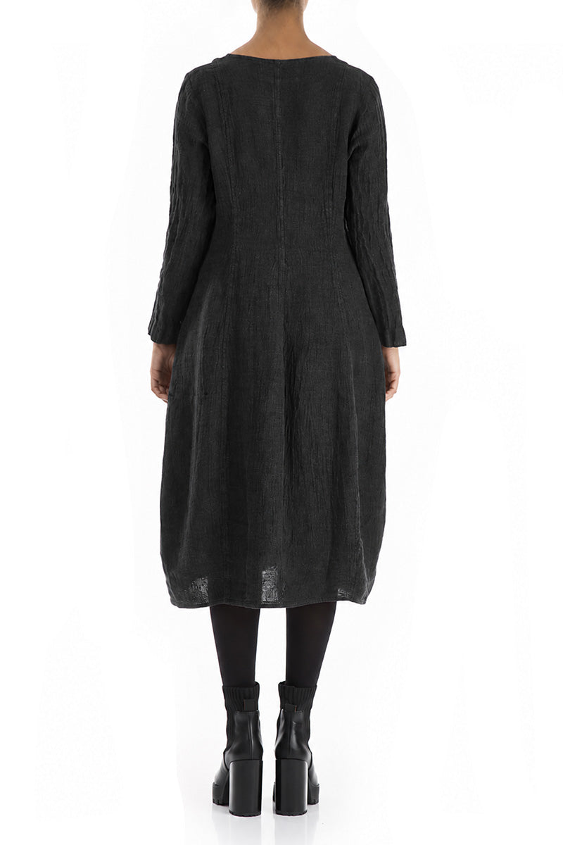 V-Neck Balloon Charcoal Mélange Linen Dress