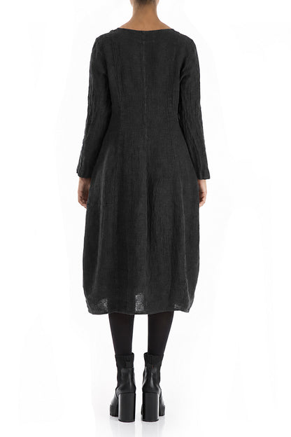 V-Neck Balloon Charcoal Mélange Linen Dress