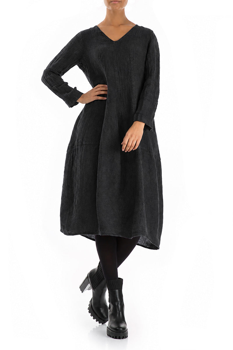 V-Neck Balloon Charcoal Mélange Linen Dress