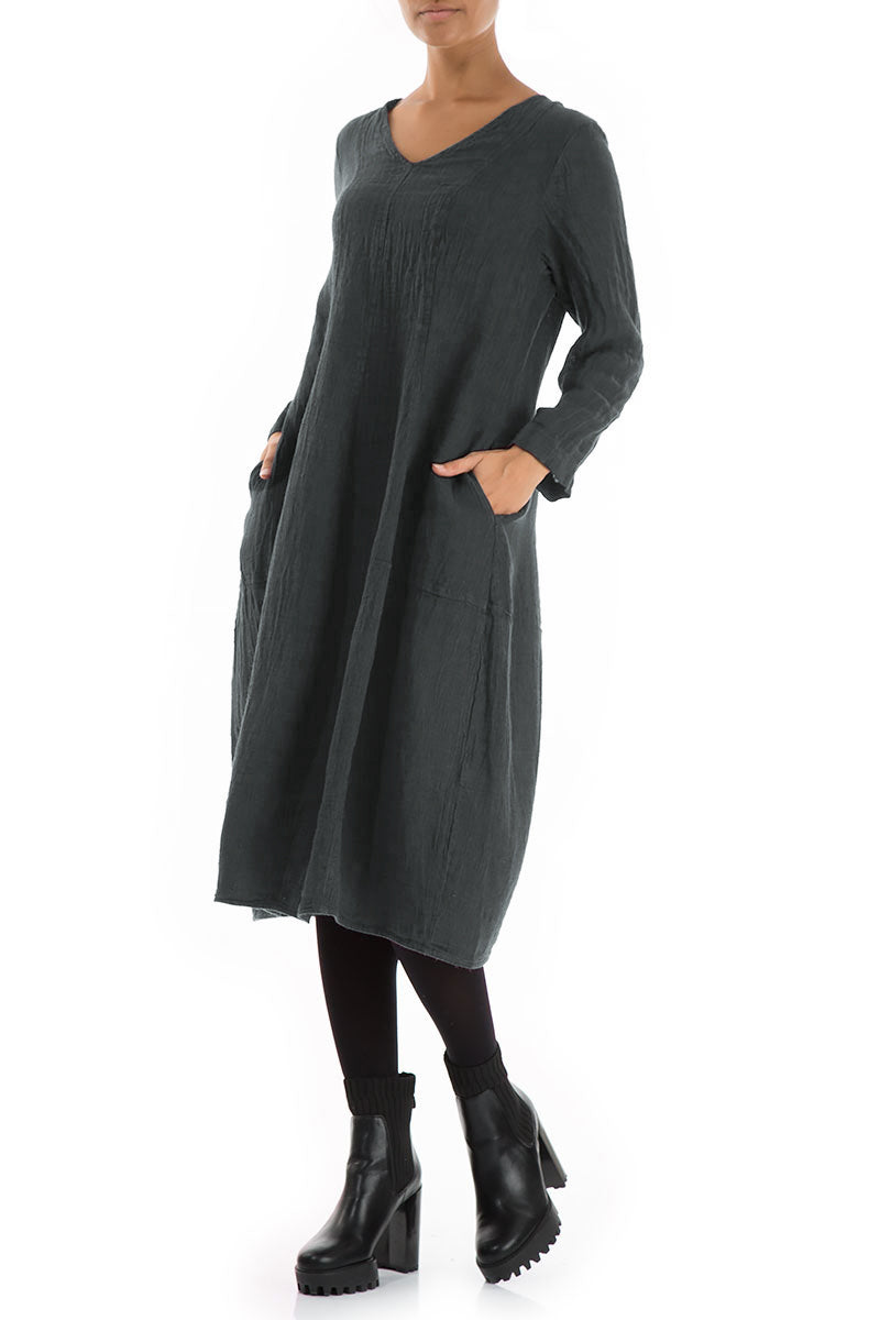 V-Neck Balloon Forest Grey Mélange Linen Dress 3