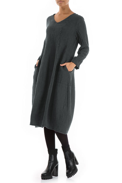 V-Neck Balloon Forest Grey Mélange Linen Dress 3