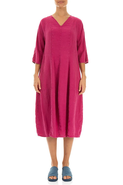 Leinenkleid mit V-Ausschnitt und Ballonärmeln in Fuchsia