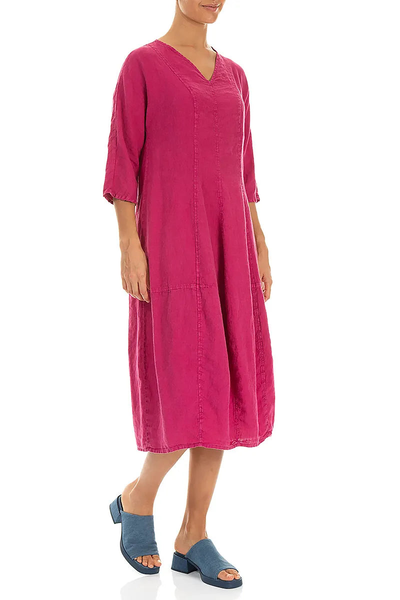 Leinenkleid mit V-Ausschnitt und Ballonärmeln in Fuchsia