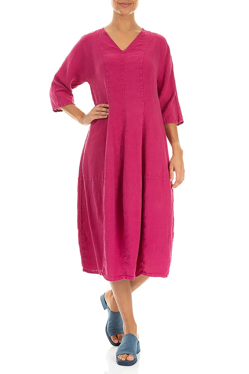 Leinenkleid mit V-Ausschnitt und Ballonärmeln in Fuchsia