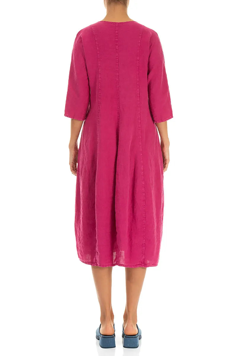 Leinenkleid mit V-Ausschnitt und Ballonärmeln in Fuchsia