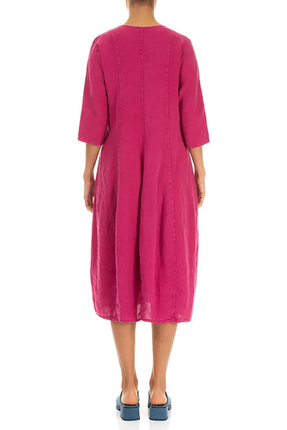 Leinenkleid mit V-Ausschnitt und Ballonärmeln in Fuchsia