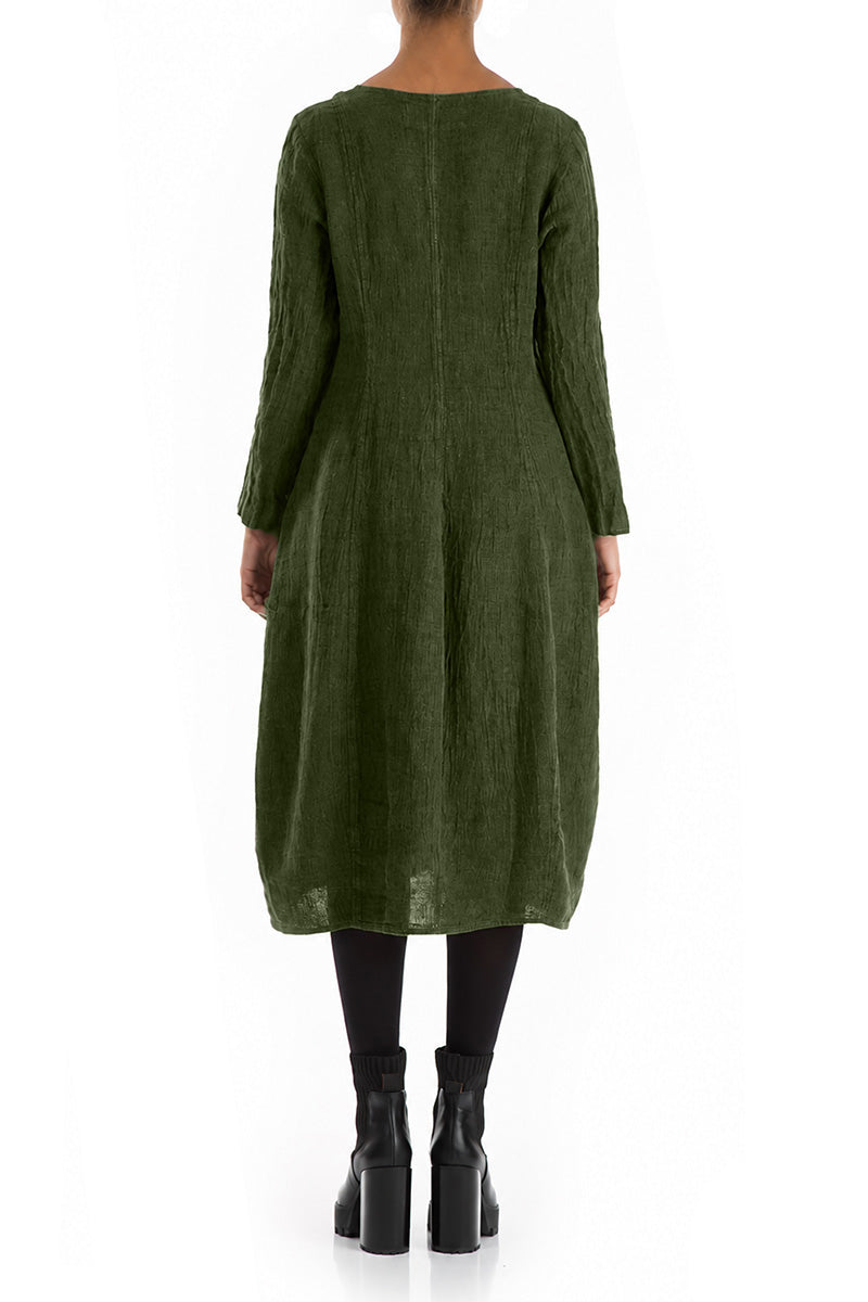 V-Neck Balloon Shamrock Green Mélange Linen Dress 2