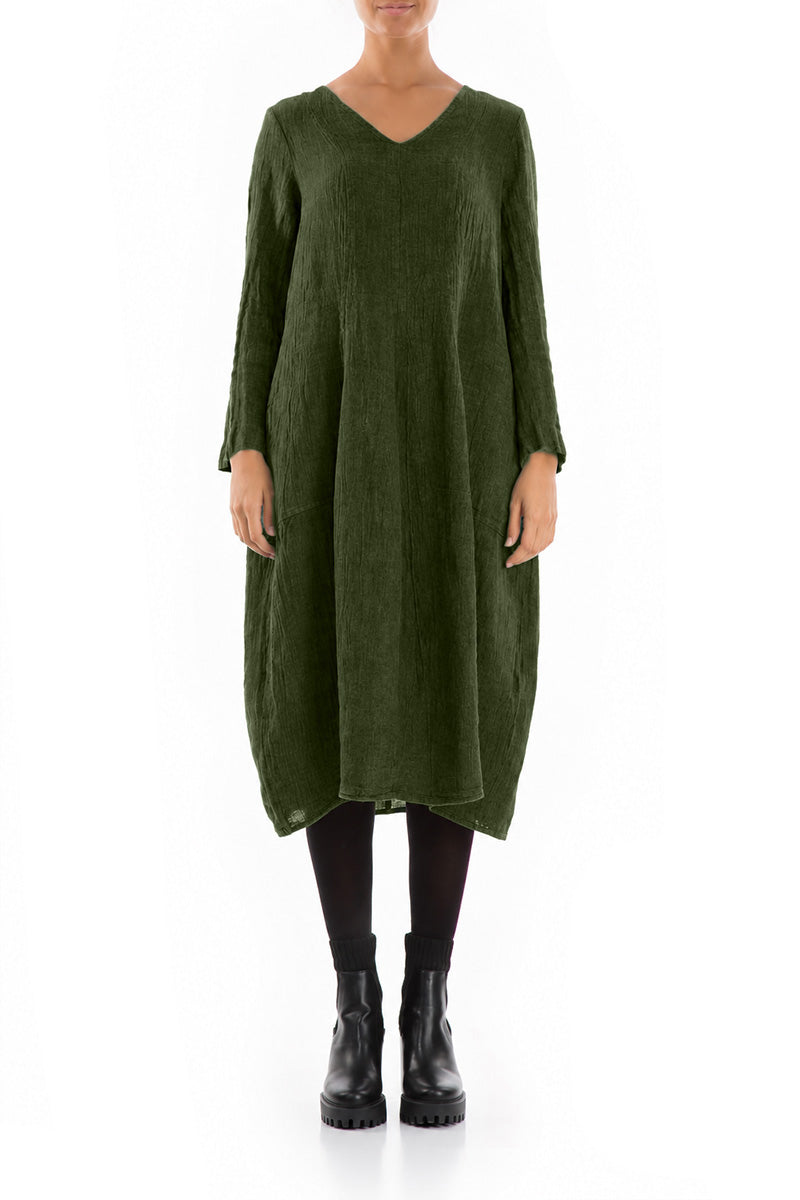 V-Neck Balloon Shamrock Green Mélange Linen Dress 1