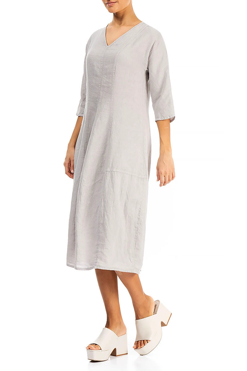 V-Neck Balloon Beige Linen Dress 4