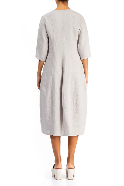 V-Neck Balloon Beige Linen Dress 2