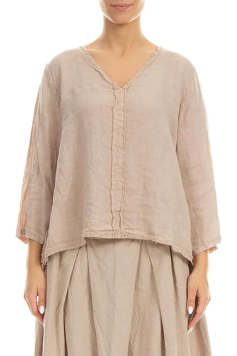V-Neck Beige Linen Blouse