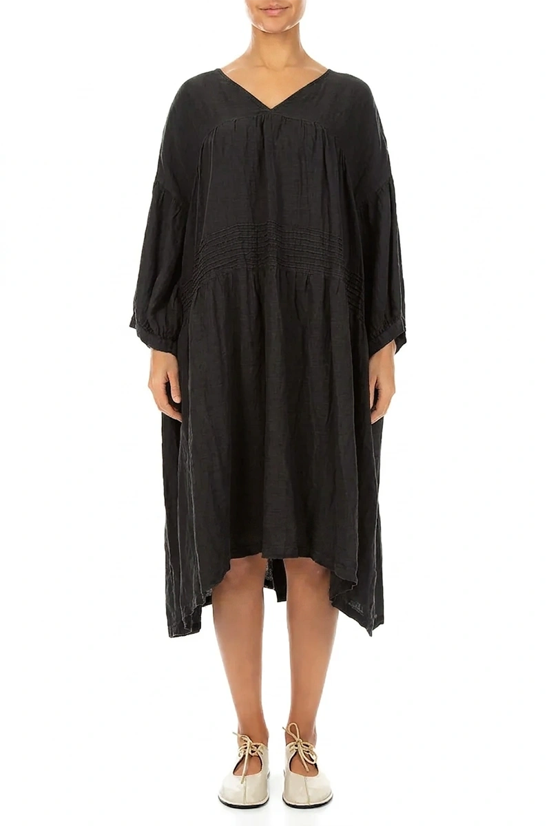 V-Neck Black Pintuck Linen Dress