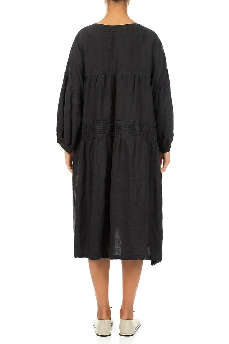 V-Neck Black Pintuck Linen Dress