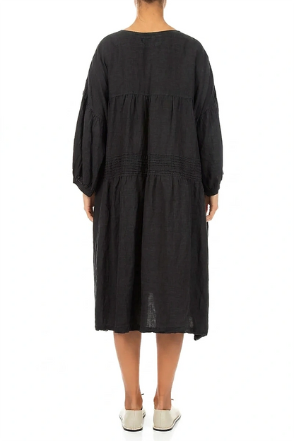V-Neck Black Pintuck Linen Dress