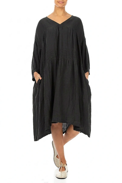 V-Neck Black Pintuck Linen Dress