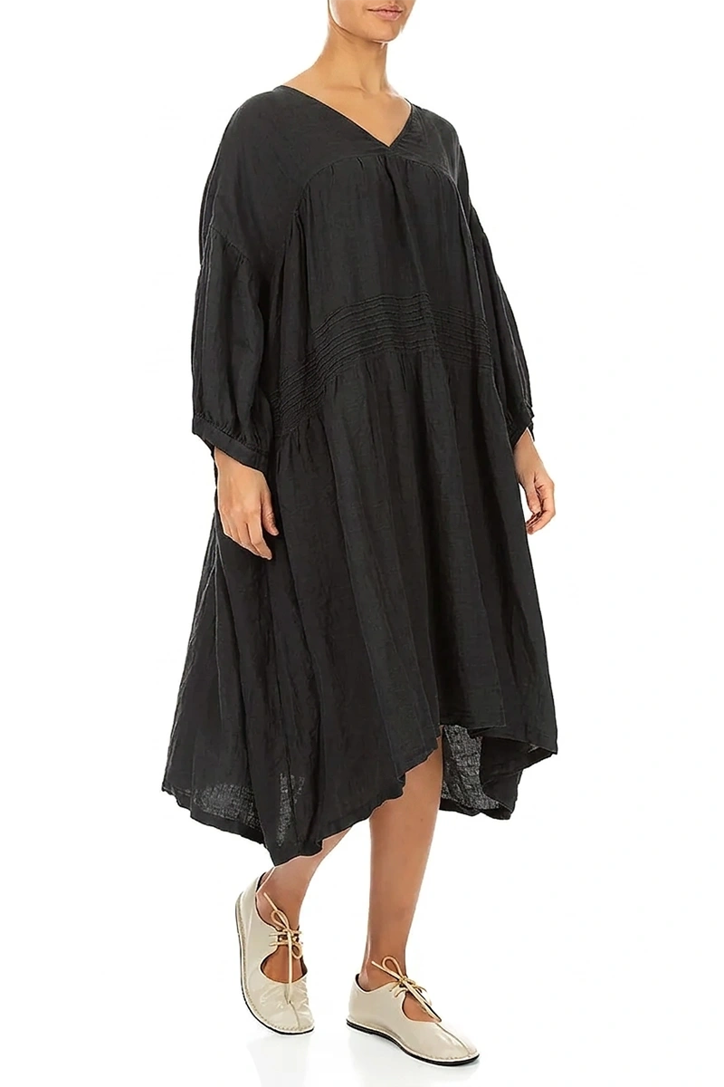 V-Neck Black Pintuck Linen Dress