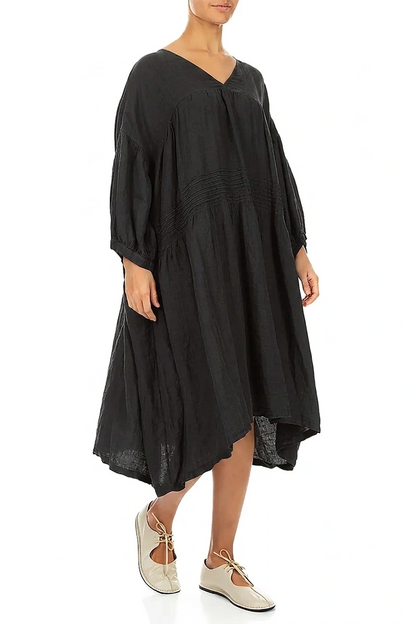 V-Neck Black Pintuck Linen Dress
