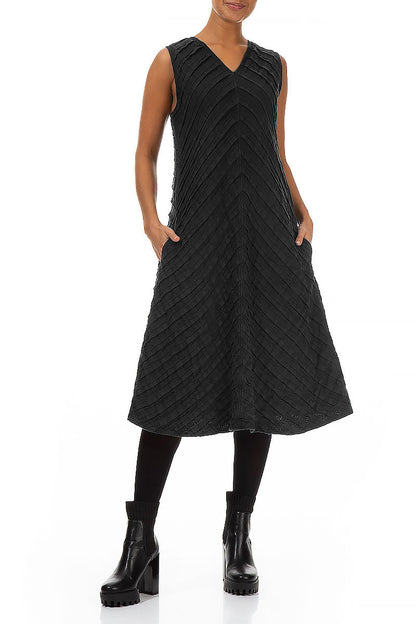 V-Neck Black Pleated Linen Dress
